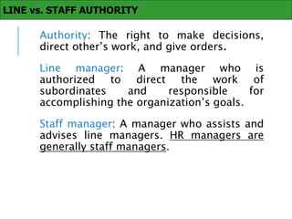 Authority: The right to make decisions,
direct other’s work, and give orders.
Line manager: A manager who is
authorized to direct the work of
subordinates and responsible for
accomplishing the organization’s goals.
Staff manager: A manager who assists and
advises line managers. HR managers are
generally staff managers.
LINE vs. STAFF AUTHORITY
 