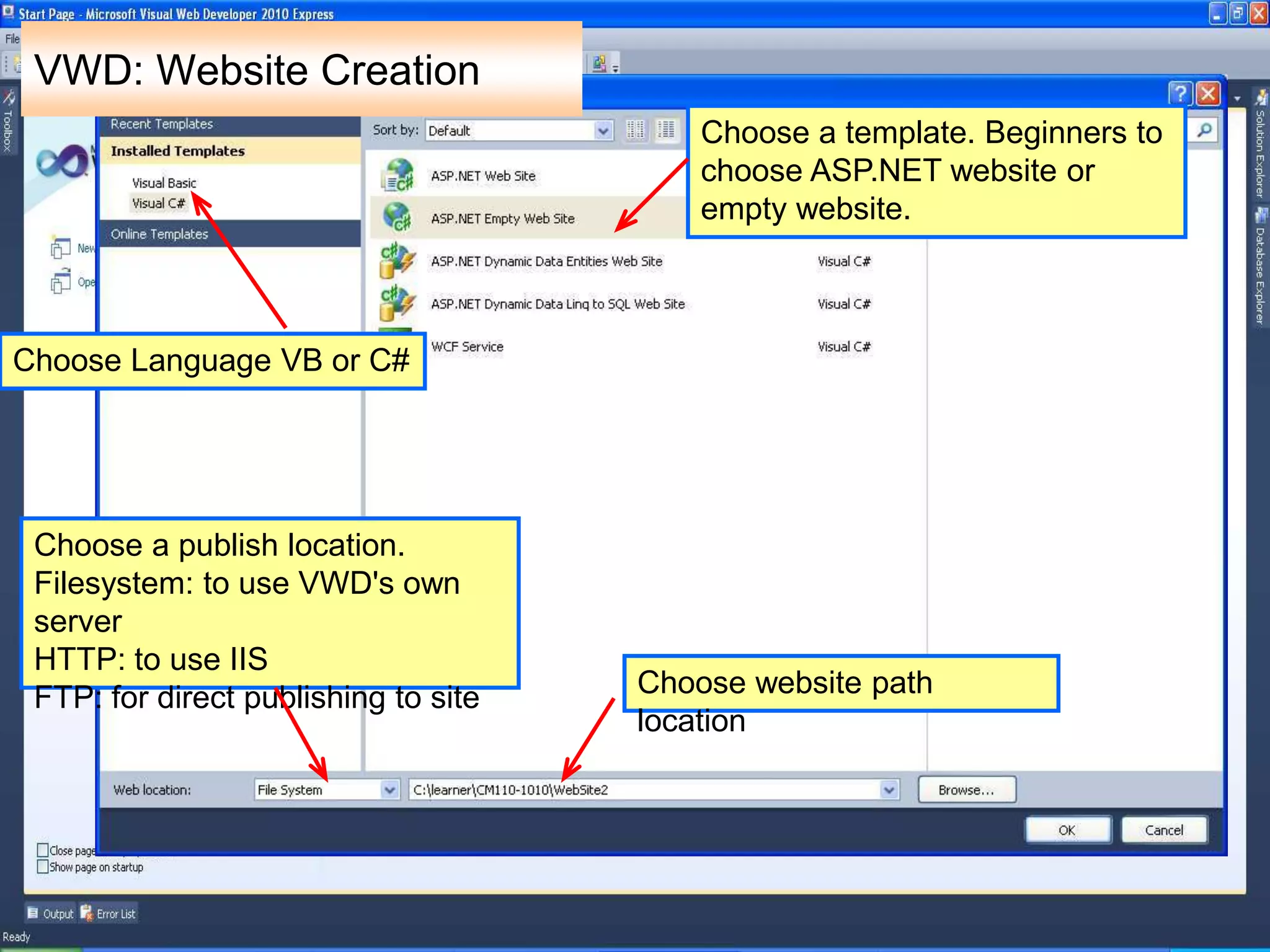 VWD: Website Creation
Choose a template. Beginners to
choose ASP.NET website or
empty website.
Choose website path
location
Choose a publish location.
Filesystem: to use VWD's own
server
HTTP: to use IIS
FTP: for direct publishing to site
Choose Language VB or C#
 