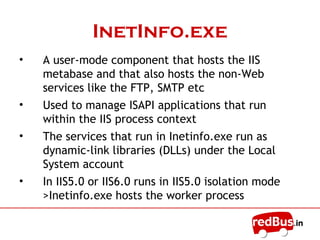 ISAPI Filters
• ISAPI filters are DLL files that can be used to
modify and enhance the functionality provided
by IIS
• ISAPI filters always run on an IIS server, filtering
every request until they find one they need to
process
• Mostly used for Authentication and Encryption of
the i/p or o/p data for a site locally or all the
apps globally
 