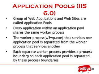 Application Pools
• Group of Web Applications and Web Sites are
called Application Pools
• Every application within an application pool
shares the same worker process
• The worker process(w3wp.exe) that services one
application pool is separated from the worker
process that services another
• Each separate worker process provides a process
boundary so each application pool is separated
by these process boundaries
 
