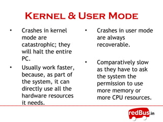 Kernel & User Mode
• Crashes in kernel
mode are
catastrophic; they
will halt the entire
PC.
• Usually work faster,
because, as part of
the system, it can
directly use all the
hardware resources
it needs.
• Crashes in user mode
are always
recoverable.
• Comparatively slow
as they have to ask
the system the
permission to use
more memory or
more CPU resources.
 