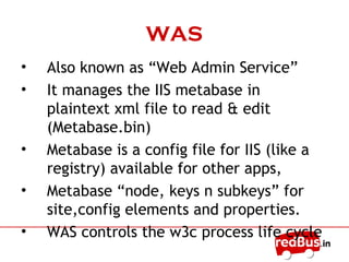 WWW Service
• Also known as “W3Svc”or“Svchost.exe”
• It manages the IIS metabase
(Metabase.bin) + monitors W3p.exe
• Metabase is a config file for IIS (like a
registry) available for other apps
• Manages application pools and starting,
stopping and recycling w3c process
• WWW Service also collect the counters
for Web sites
 
