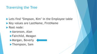 Traversing the Tree
 Lets find ‘Simpson, Kim’ in the Employee table
 Key values are LastName, FirstName
 Root node:
Aaronson, Alan
Fairchild, Meagan
Morgan, Beverly
Thompson, Sam
 