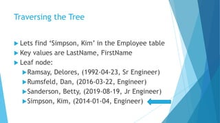Traversing the Tree
 Lets find ‘Simpson, Kim’ in the Employee table
 Key values are LastName, FirstName
 Leaf node:
Ramsay, Delores, (1992-04-23, Sr Engineer)
Rumsfeld, Dan, (2016-03-22, Engineer)
Sanderson, Betty, (2019-08-19, Jr Engineer)
Simpson, Kim, (2014-01-04, Engineer)
 