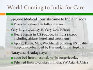 World Coming to India for Care
   450,000 Medical Tourists came to India in 2007
     Projected value of   $2 billion by 2012
   Very High Quality at Very Low Prices
     Heart bypass in US $95,000, in India $10,000
      including airfare, hotel, and treatment
     Apollo, Fortis, Max, Wockhardt building US quality
      hospitals co-branded by Harvard, Johns Hopkins
   Narayana Hrudayalaya
     1,000bed heart hospital, 50-60 surgeries/day
     Telemed links to 54 sites in India, SW Asia, & Africa
 