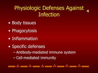 Physiologic Defenses Against Infection Body tissues Phagocytosis Inflammation Specific defenses Antibody-mediated immune system Cell-mediated immunity 
