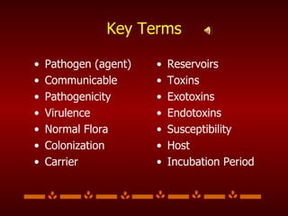 Key Terms Pathogen (agent) Communicable Pathogenicity Virulence Normal Flora Colonization Carrier Reservoirs Toxins Exotoxins Endotoxins Susceptibility Host Incubation Period 