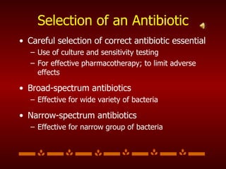 Selection of an Antibiotic Careful selection of correct antibiotic essential Use of culture and sensitivity testing For effective pharmacotherapy; to limit adverse effects Broad-spectrum antibiotics  Effective for wide variety of bacteria Narrow-spectrum antibiotics Effective for narrow group of bacteria 