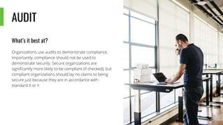 AUDIT
What’s it best at?
Organizations use audits to demonstrate compliance.
Importantly, compliance should not be used to
demonstrate security. Secure organizations are
significantly more likely to be compliant (if checked), but
compliant organizations should lay no claims to being
secure just because they are in accordance with
standard X or Y.
 