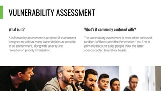VULNERABILITY ASSESSMENT
What is it?
A vulnerability assessment is a technical assessment
designed to yield as many vulnerabilities as possible
in an environment, along with severity and
remediation priority information.
What’s it commonly confused with?
The vulnerability assessment is most often confused
(and/or conflated) with the Penetration Test. This is
primarily because sales people think the latter
sounds cooler, bless their hearts.
 