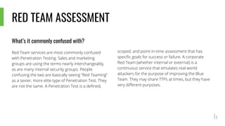 RED TEAM ASSESSMENT
What’s it commonly confused with?
Red Team services are most commonly confused
with Penetration Testing. Sales and marketing
groups are using the terms nearly interchangeably,
as are many internal security groups. People
confusing the two are basically seeing “Red Teaming”
as a sexier, more elite type of Penetration Test. They
are not the same. A Penetration Test is a defined,
scoped, and point-in-time assessment that has
specific goals for success or failure. A corporate
Red Team (whether internal or external) is a
continuous service that emulates real-world
attackers for the purpose of improving the Blue
Team. They may share TTPs at times, but they have
very different purposes.
 