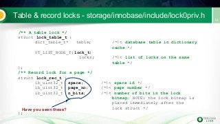 Table & record locks - storage/innobase/include/lock0priv.h
/** A table lock */
struct lock_table_t {
dict_table_t* table; /*!< database table in dictionary
cache */
UT_LIST_NODE_T( lock_t)
locks; /*!< list of locks on the same
table */
};
/** Record lock for a page */
struct lock_rec_t {
ib_uint32_t space; /*!< space id */
ib_uint32_t page_no; /*!< page number */
ib_uint32_t n_bits; /*!< number of bits in the lock
bitmap; NOTE: the lock bitmap is
placed immediately after the
lock struct */
};
Have you seen these?
 