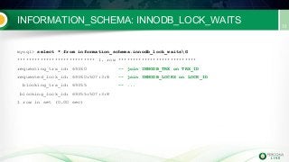 INFORMATION_SCHEMA: INNODB_LOCK_WAITS
mysql> select * from information_schema.innodb_lock_waitsG
*************************** 1. row ***************************
requesting_trx_id: 69360 -- join INNODB_TRX on TRX_ID
requested_lock_id: 69360:507:3:8 -- join INNODB_LOCKS on LOCK_ID
blocking_trx_id: 69355 -- ...
blocking_lock_id: 69355:507:3:8
1 row in set (0.00 sec)
 