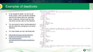 Examples of deadlocks
● In the deadlocks tables, we can see all
those queries which caused the deadlock
with the information like user, hostname,
table, timestamp, thread id and also the
one which was the victim of the deadlock.
● You can group by server and timestamp to
get all events that correspond to the same
deadlock.
● For more details you can visit these links.
● http://www.percona.com/doc/percona-
toolkit/2.2/pt-deadlock-logger.html
● http://www.percona.
com/blog/2012/09/19/logging-deadlocks-
errors/
 