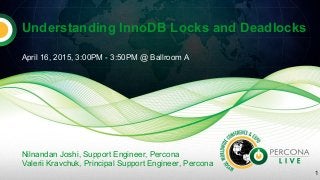 Understanding InnoDB Locks and Deadlocks
April 16, 2015, 3:00PM - 3:50PM @ Ballroom A
Nilnandan Joshi, Support Engineer, Percona
Valerii Kravchuk, Principal Support Engineer, Percona
1
 