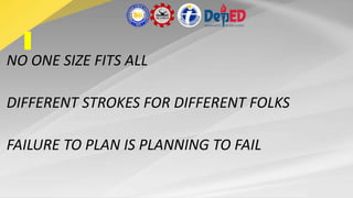 NO ONE SIZE FITS ALL
DIFFERENT STROKES FOR DIFFERENT FOLKS
FAILURE TO PLAN IS PLANNING TO FAIL
 