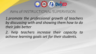 Aims of INSTRUCTIONAL SUPERVISION
1.promote the professional growth of teachers
by discussing with and showing them how to do
their jobs better
2. help teachers increase their capacity to
achieve learning goals set for their students.
 