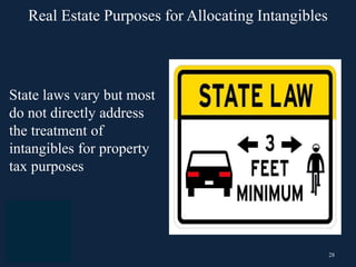 28
State laws vary but most
do not directly address
the treatment of
intangibles for property
tax purposes
Real Estate Purposes for Allocating Intangibles
 