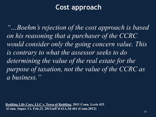 36
“…Boehm’s rejection of the cost approach is based
on his reasoning that a purchaser of the CCRC
would consider only the going concern value. This
is contrary to what the assessor seeks to do
determining the value of the real estate for the
purpose of taxation, not the value of the CCRC as
a business.”
Redding Life Care, LLC v. Town of Redding, 2011 Conn. Lexis 433
(Conn. Super. Ct. Feb.23, 2011)aff’d 61A.3d 461 (Conn.2012)
Cost approach
 