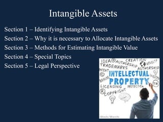Section 1 – Identifying Intangible Assets
Section 2 – Why it is necessary to Allocate Intangible Assets
Section 3 – Methods for Estimating Intangible Value
Section 4 – Special Topics
Section 5 – Legal Perspective
Intangible Assets
 