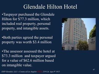 Glendale Hilton Hotel
67
EHP Glendale, LLC v. County of Los Angeles (2013) 219 Cal. App.4th 1015
67
•Taxpayer purchased the Glendale
Hilton for $77.3 million, which
included real property, personal
property, and intangible assets.
•Both parties agreed the personal
property was worth $3.4 million
•The assessor assessed the hotel at
$73.3 million and taxpayer argued
for a value of $62.6 million based
on intangible value.
 