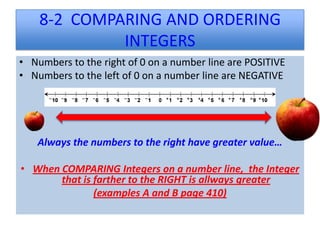 8-2 COMPARING AND ORDERING
             INTEGERS
• Numbers to the right of 0 on a number line are POSITIVE
• Numbers to the left of 0 on a number line are NEGATIVE




   Always the numbers to the right have greater value…

• When COMPARING Integers on a number line, the Integer
       that is farther to the RIGHT is allways greater
               (examples A and B page 410)
 