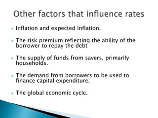 Inflation and expected inflation.The risk premium reflecting the ability of the borrower to repay the debtThe supply of funds from savers, primarily households.The demand from borrowers to be used to finance capital expenditure.The global economic cycle. Other factors that influence rates