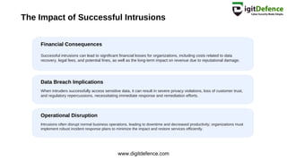 The Impact of Successful Intrusions
Financial Consequences
Data Breach Implications
Operational Disruption
Successful intrusions can lead to significant financial losses for organizations, including costs related to data
recovery, legal fees, and potential fines, as well as the long-term impact on revenue due to reputational damage.
When intruders successfully access sensitive data, it can result in severe privacy violations, loss of customer trust,
and regulatory repercussions, necessitating immediate response and remediation efforts.
Intrusions often disrupt normal business operations, leading to downtime and decreased productivity; organizations must
implement robust incident response plans to minimize the impact and restore services efficiently.
www.digitdefence.com
 