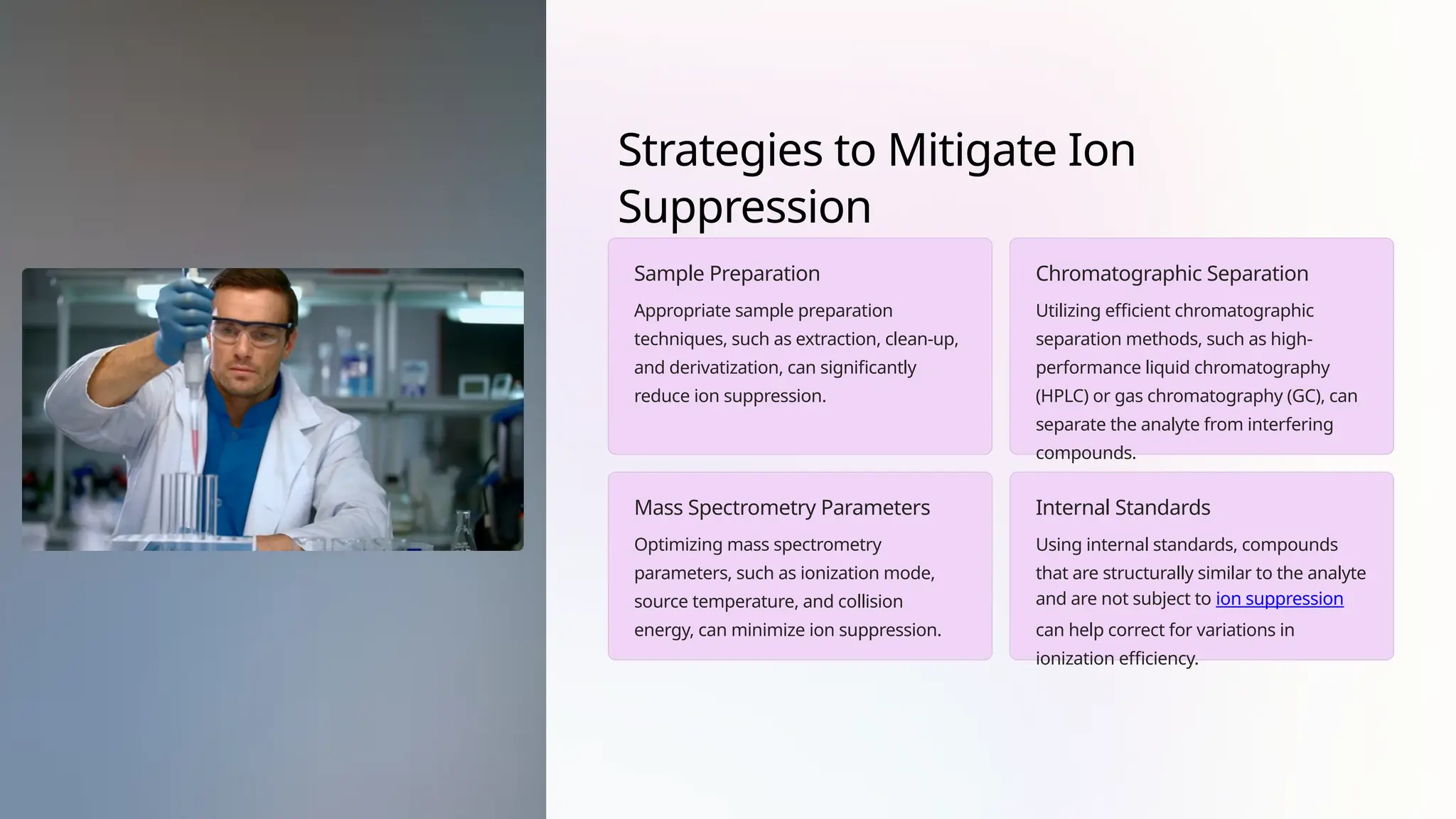 Strategies to Mitigate Ion
Suppression
Sample Preparation
Appropriate sample preparation
techniques, such as extraction, clean-up,
and derivatization, can significantly
reduce ion suppression.
Chromatographic Separation
Utilizing efficient chromatographic
separation methods, such as high-
performance liquid chromatography
(HPLC) or gas chromatography (GC), can
separate the analyte from interfering
compounds.
Mass Spectrometry Parameters
Optimizing mass spectrometry
parameters, such as ionization mode,
source temperature, and collision
energy, can minimize ion suppression.
Internal Standards
Using internal standards, compounds
that are structurally similar to the analyte
and are not subject to ion suppression
can help correct for variations in
ionization efficiency.
 