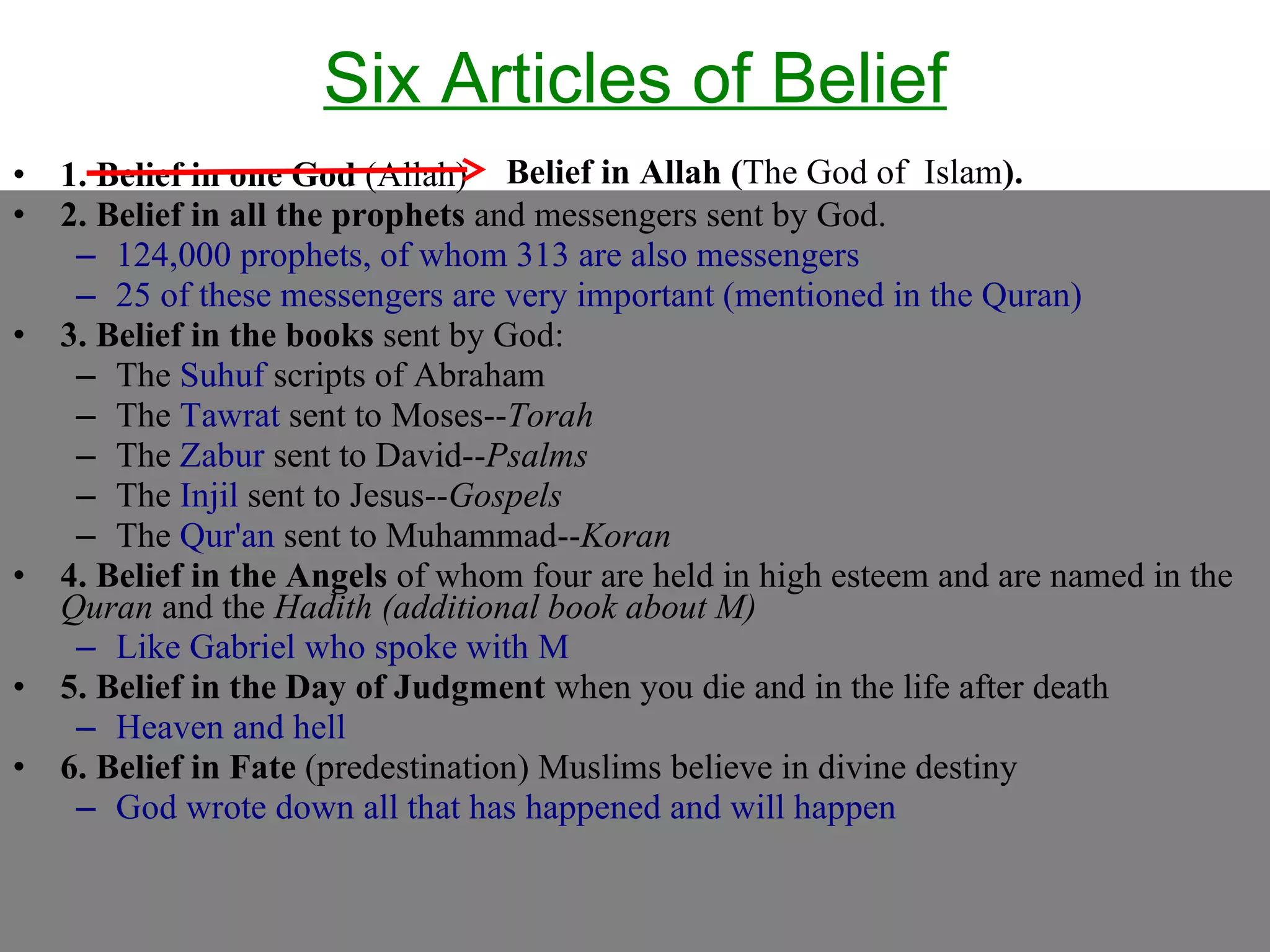 Six Articles of Belief 1. Belief in one God  (Allah)  2. Belief in all the prophets  and messengers sent by God.  124,000 prophets, of whom 313 are also messengers 25 of these messengers are very important (mentioned in the Quran) 3. Belief in the books  sent by God: The  Suhuf  scripts of Abraham The  Tawrat  sent to Moses-- Torah   The  Zabur  sent to David-- Psalms The  Injil  sent to Jesus-- Gospels   The  Qur'an  sent to Muhammad-- Koran 4. Belief in the Angels  of whom four are held in high esteem and are named in the  Quran  and the  Hadith   (additional book about M) Like Gabriel who spoke with M 5. Belief in the Day of Judgment  when you die and in the life after death Heaven and hell 6. Belief in Fate  (predestination) Muslims believe in divine destiny  God wrote down all that has happened and will happen Belief in Allah ( The God of  Islam ). 