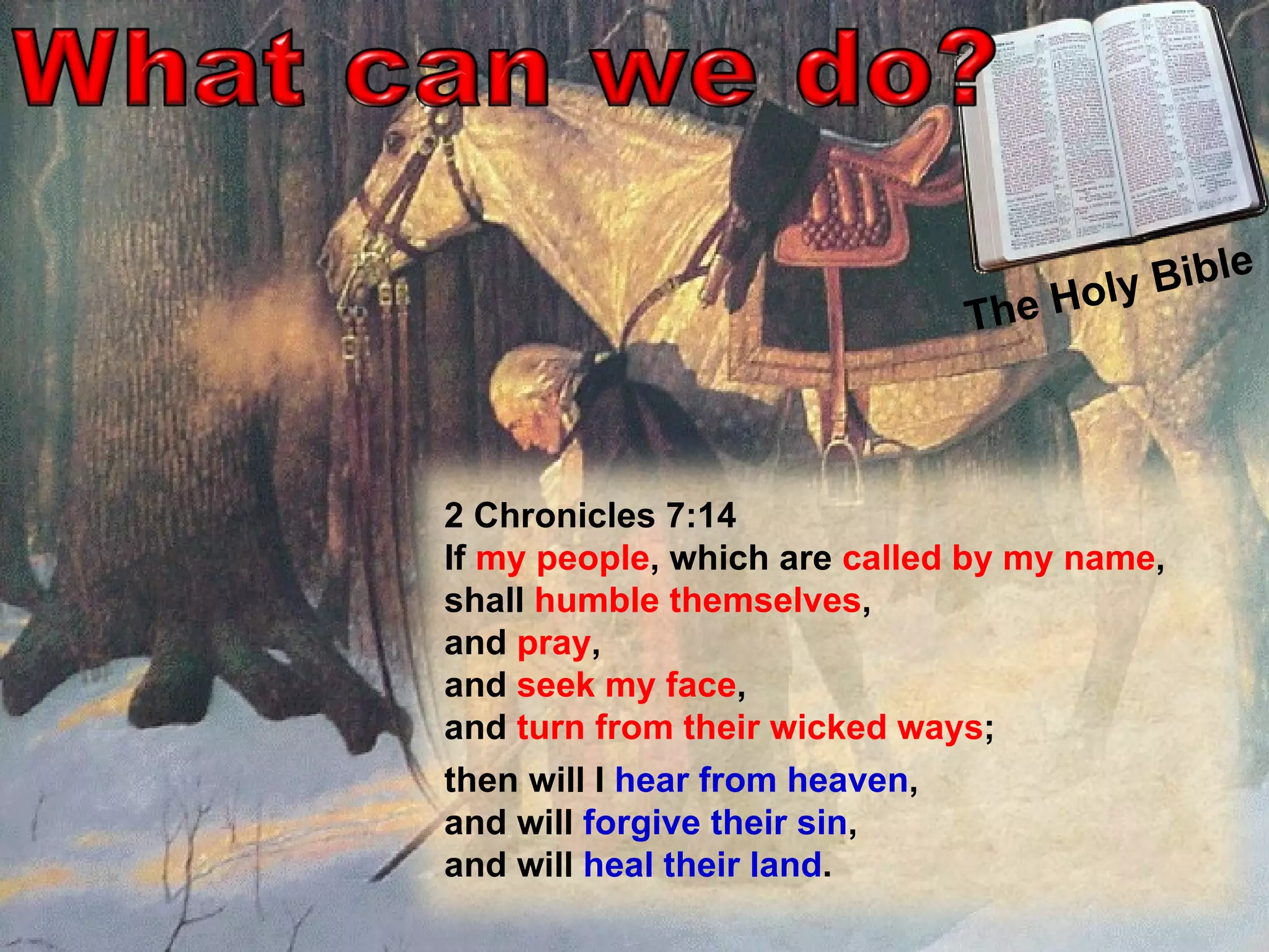 The Holy Bible  2 Chronicles 7:14  If  my people , which are  called by my name ,  shall  humble themselves ,  and  pray ,  and  seek my face ,  and  turn from their wicked ways ;  then will I  hear from heaven ,  and will  forgive their sin ,  and will  heal their land . 