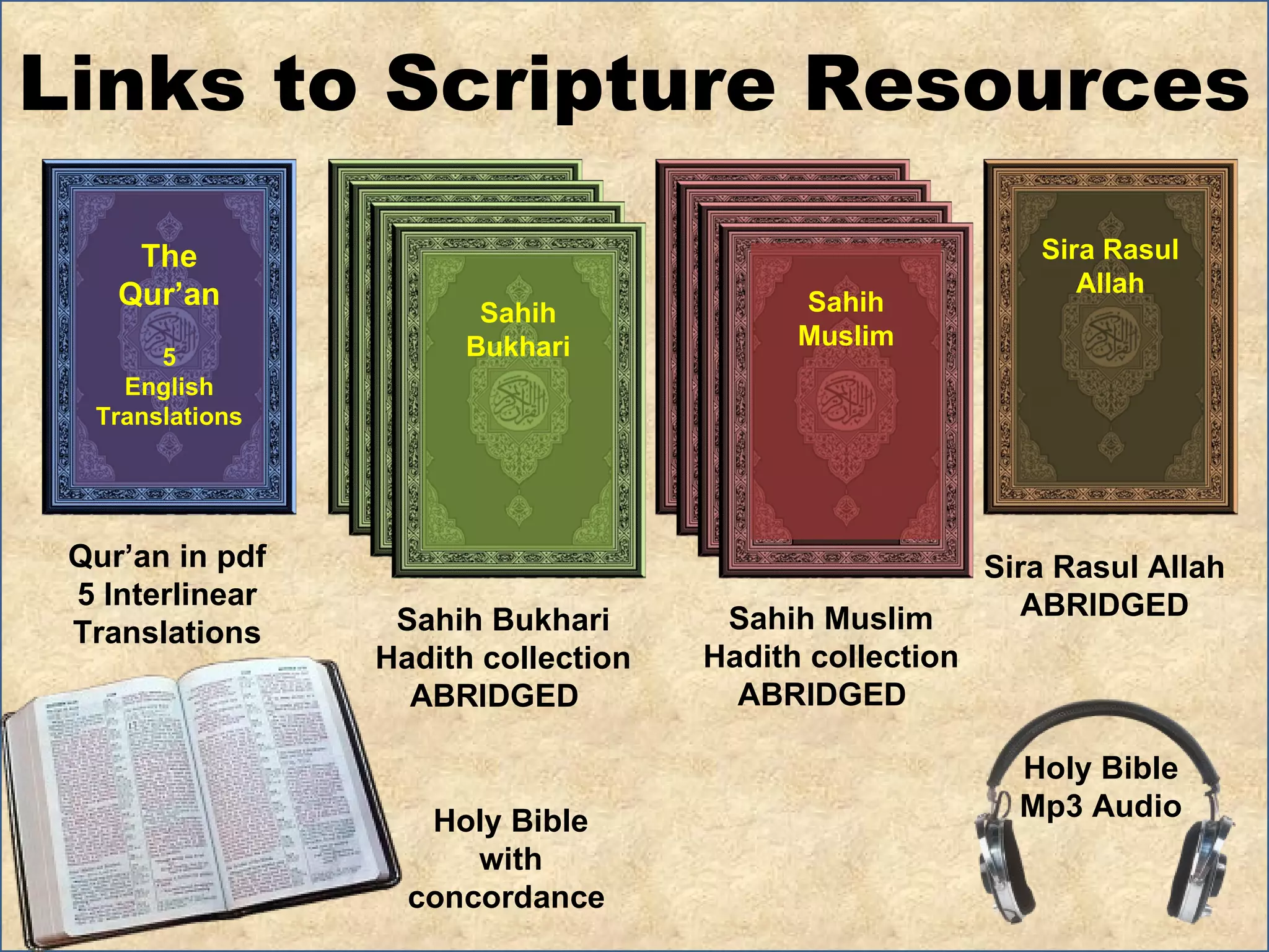 Links to Scripture Resources Qur’an in pdf 5 Interlinear Translations Sahih Bukhari Hadith collection ABRIDGED  Sira Rasul Allah ABRIDGED Sahih Muslim Hadith collection ABRIDGED  Holy Bible with concordance  Holy Bible Mp3 Audio The Qur’an 5 English Translations Sahih Bukhari Sahih Muslim Sira Rasul Allah 