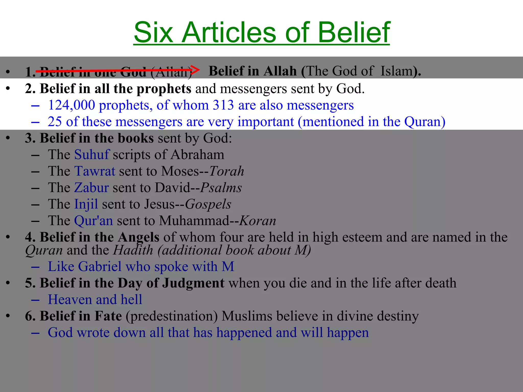 Six Articles of Belief 1. Belief in one God  (Allah) 2. Belief in all the prophets  and messengers sent by God.  124,000 prophets, of whom 313 are also messengers 25 of these messengers are very important (mentioned in the Quran) 3. Belief in the books  sent by God: The  Suhuf  scripts of Abraham The  Tawrat  sent to Moses-- Torah   The  Zabur  sent to David-- Psalms The  Injil  sent to Jesus-- Gospels   The  Qur'an  sent to Muhammad-- Koran 4. Belief in the Angels  of whom four are held in high esteem and are named in the  Quran  and the  Hadith   (additional book about M) Like Gabriel who spoke with M 5. Belief in the Day of Judgment  when you die and in the life after death Heaven and hell 6. Belief in Fate  (predestination) Muslims believe in divine destiny  God wrote down all that has happened and will happen Belief in Allah ( The God of  Islam ). 