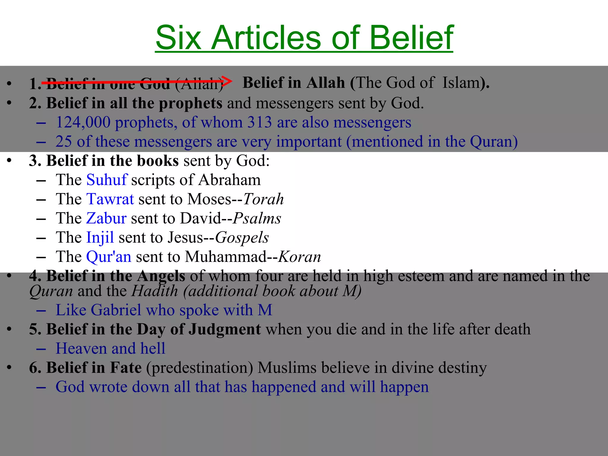 Six Articles of Belief 1. Belief in one God  (Allah) 2. Belief in all the prophets  and messengers sent by God.  124,000 prophets, of whom 313 are also messengers 25 of these messengers are very important (mentioned in the Quran) 3. Belief in the books  sent by God: The  Suhuf  scripts of Abraham The  Tawrat  sent to Moses-- Torah   The  Zabur  sent to David-- Psalms The  Injil  sent to Jesus-- Gospels   The  Qur'an  sent to Muhammad-- Koran 4. Belief in the Angels  of whom four are held in high esteem and are named in the  Quran  and the  Hadith   (additional book about M) Like Gabriel who spoke with M 5. Belief in the Day of Judgment  when you die and in the life after death Heaven and hell 6. Belief in Fate  (predestination) Muslims believe in divine destiny  God wrote down all that has happened and will happen Belief in Allah ( The God of  Islam ). 