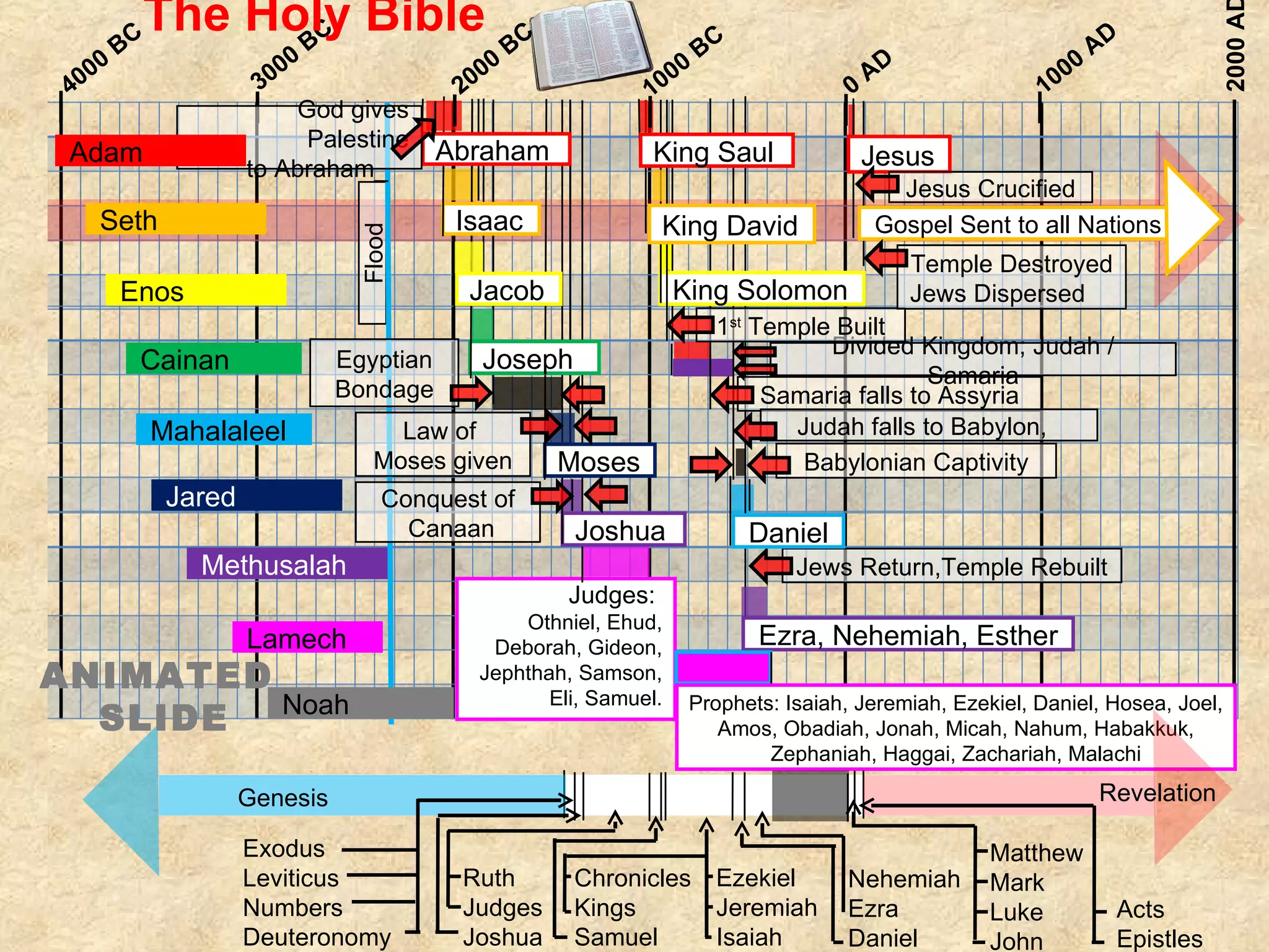 4000 BC 3000 BC 1000 AD 2000 BC 0 AD 1000 BC 2000 AD Ezra, Nehemiah, Esther Judges:  Othniel, Ehud, Deborah, Gideon, Jephthah, Samson, Eli, Samuel. Joshua Moses Joseph Jacob Isaac Abraham Samaria falls to Assyria Judah falls to Babylon,  Babylonian Captivity Jews Return,Temple Rebuilt Divided Kingdom; Judah / Samaria 1 st  Temple Built Prophets: Isaiah, Jeremiah, Ezekiel, Daniel, Hosea, Joel, Amos, Obadiah, Jonah, Micah, Nahum, Habakkuk, Zephaniah, Haggai, Zachariah, Malachi Daniel King Solomon King David King Saul Exodus Leviticus Numbers Deuteronomy Ruth Judges Joshua Chronicles Kings Samuel Ezekiel Jeremiah Isaiah Genesis Nehemiah Ezra Daniel Jesus Matthew Mark Luke John Revelation Acts Epistles Jesus Crucified Gospel Sent to all Nations Temple Destroyed Jews Dispersed Flood Seth Enos Cainan Mahalaleel Jared Methusalah Lamech Noah God gives Palestine to Abraham_  Adam Egyptian Bondage  Law of  Moses given Conquest of Canaan ANIMATED  SLIDE The Holy Bible 