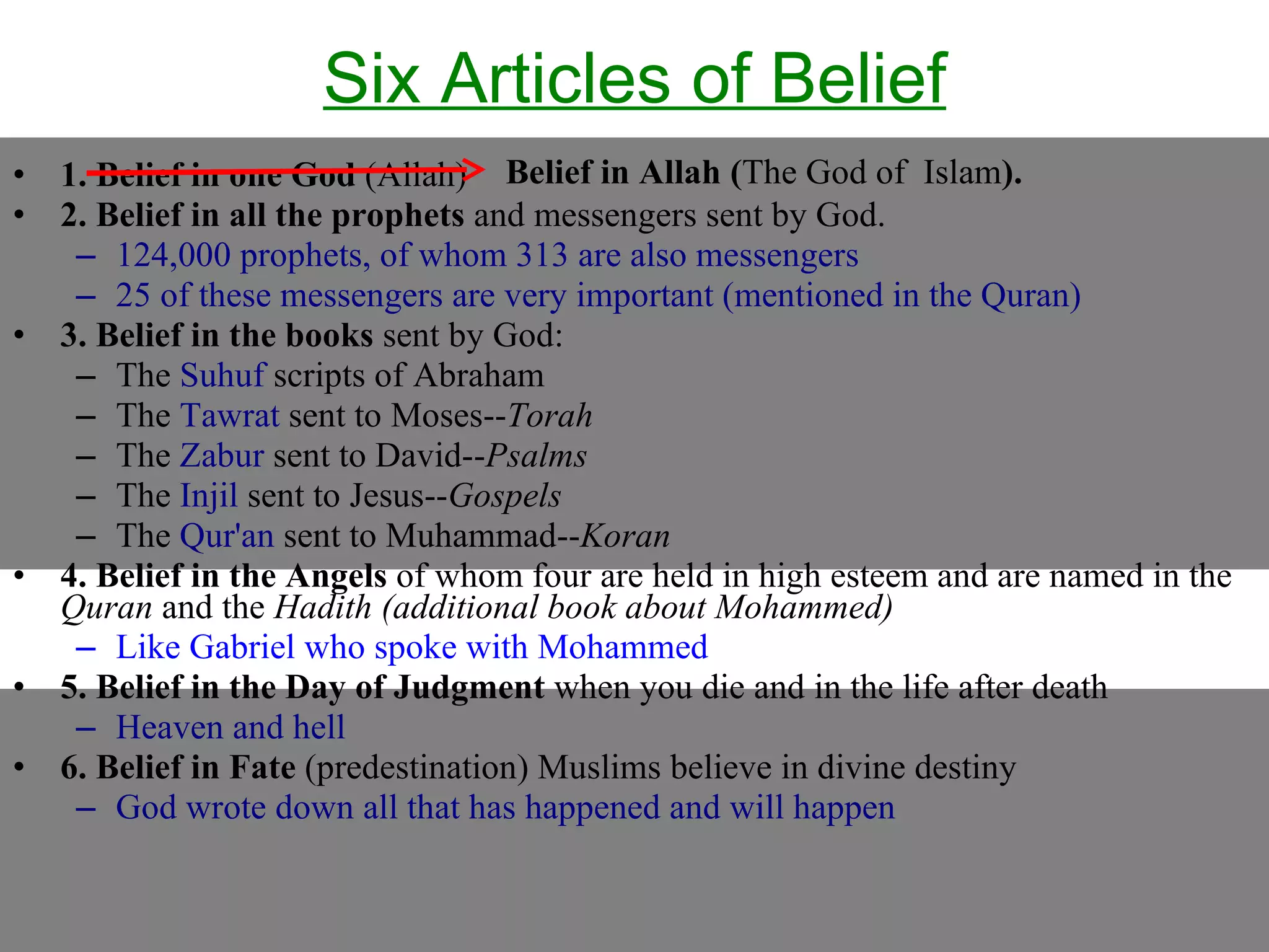 Six Articles of Belief 1. Belief in one God  (Allah) 2. Belief in all the prophets  and messengers sent by God.  124,000 prophets, of whom 313 are also messengers 25 of these messengers are very important (mentioned in the Quran) 3. Belief in the books  sent by God: The  Suhuf  scripts of Abraham The  Tawrat  sent to Moses-- Torah   The  Zabur  sent to David-- Psalms The  Injil  sent to Jesus-- Gospels   The  Qur'an  sent to Muhammad-- Koran 4. Belief in the Angels  of whom four are held in high esteem and are named in the  Quran  and the  Hadith   (additional book about Mohammed) Like Gabriel who spoke with Mohammed 5. Belief in the Day of Judgment  when you die and in the life after death Heaven and hell 6. Belief in Fate  (predestination) Muslims believe in divine destiny  God wrote down all that has happened and will happen Belief in Allah ( The God of  Islam ). 