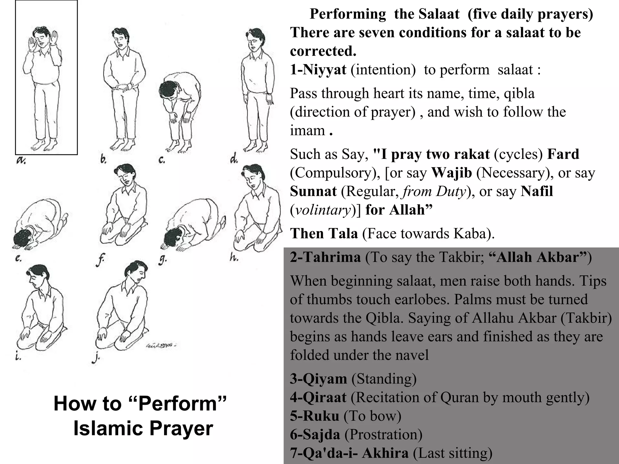 Performing  the Salaat  (five daily prayers) There are seven conditions for a salaat to be corrected.  1-Niyyat  (intention)  to perform  salaat :  Pass through heart its name, time, qibla  (direction of prayer) , and wish to follow the  imam  .  Such as Say,  "I pray two rakat  (cycles)  Fard  (Compulsory), [or say  Wajib  (Necessary), or say  Sunnat  (Regular,  from Duty ), or say  Nafil  ( volintary )]  for Allah”  Then Tala  (Face towards Kaba).  2-Tahrima  (To say the Takbir;  “Allah Akbar” ) When beginning salaat, men raise both hands. Tips of thumbs touch earlobes. Palms must be turned towards the Qibla. Saying of Allahu Akbar (Takbir) begins as hands leave ears and finished as they are folded under the navel   3-Qiyam  (Standing)  4-Qiraat  (Recitation of Quran by mouth gently)  5-Ruku  (To bow)  6-Sajda  (Prostration)  7-Qa'da-i- Akhira  (Last sitting) How to “Perform”  Islamic Prayer 