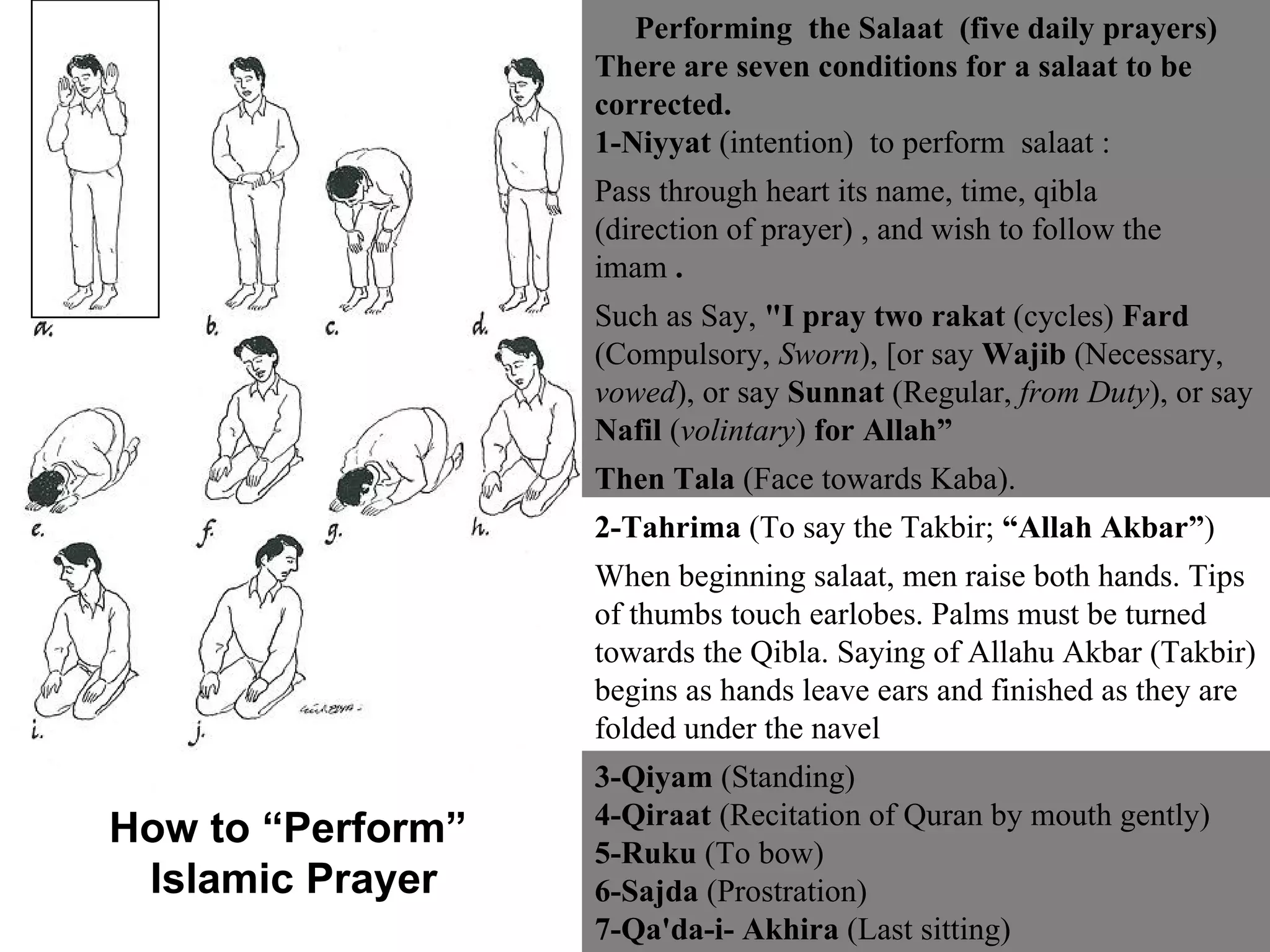Performing  the Salaat  (five daily prayers) There are seven conditions for a salaat to be corrected.  1-Niyyat  (intention)  to perform  salaat :  Pass through heart its name, time, qibla  (direction of prayer) , and wish to follow the  imam  .  Such as Say,  "I pray two rakat  (cycles)  Fard  (Compulsory,  Sworn ), [or say  Wajib  (Necessary,  vowed ), or say  Sunnat  (Regular,  from Duty ), or say  Nafil  ( volintary )  for Allah”  Then Tala  (Face towards Kaba).  2-Tahrima  (To say the Takbir;  “Allah Akbar” ) When beginning salaat, men raise both hands. Tips of thumbs touch earlobes. Palms must be turned towards the Qibla. Saying of Allahu Akbar (Takbir) begins as hands leave ears and finished as they are folded under the navel   3-Qiyam  (Standing)  4-Qiraat  (Recitation of Quran by mouth gently)  5-Ruku  (To bow)  6-Sajda  (Prostration)  7-Qa'da-i- Akhira  (Last sitting) How to “Perform”  Islamic Prayer 
