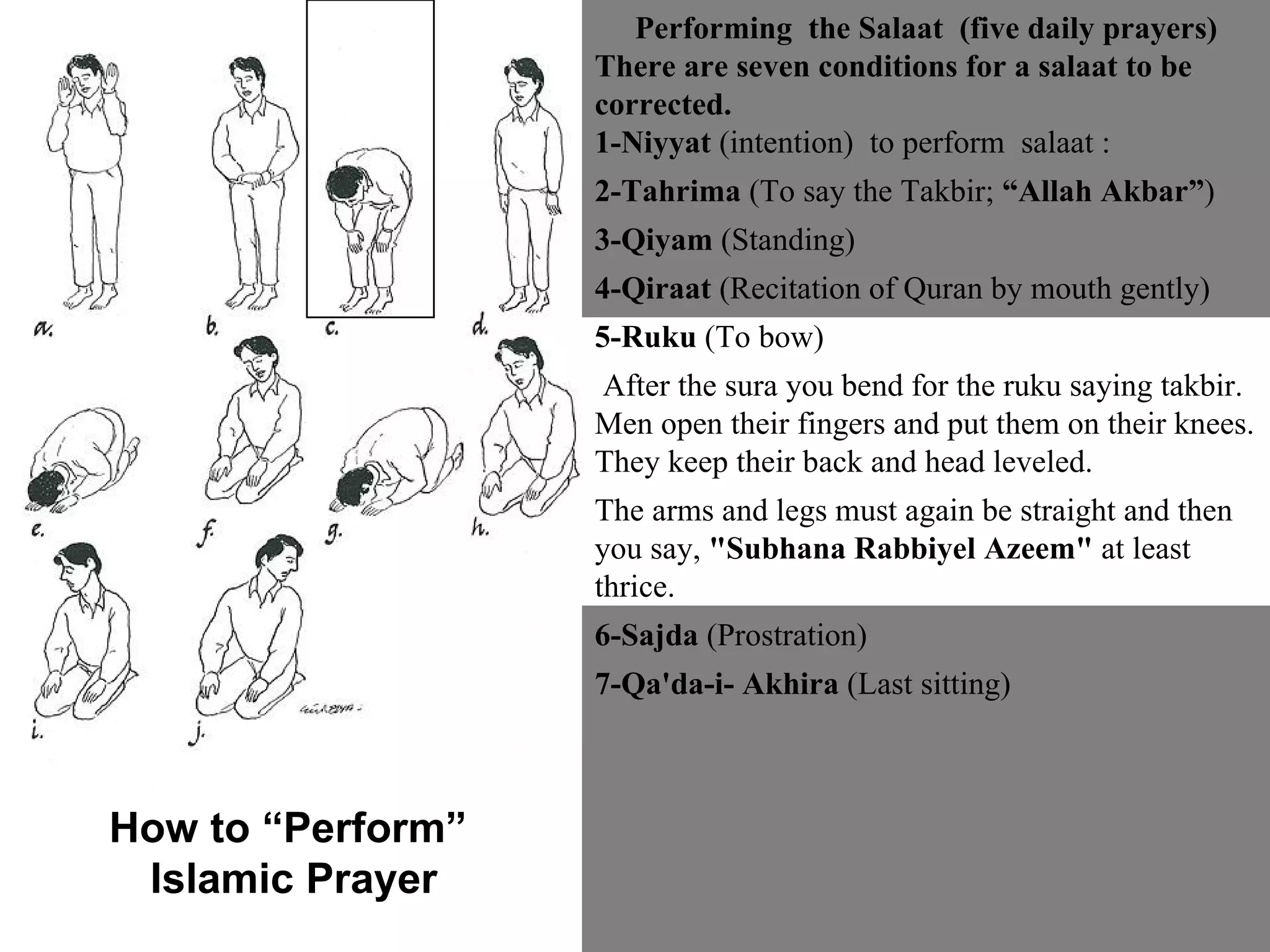 Performing  the Salaat  (five daily prayers) There are seven conditions for a salaat to be corrected.  1-Niyyat  (intention)  to perform  salaat :  2-Tahrima  (To say the Takbir;  “Allah Akbar” ) 3-Qiyam  (Standing) 4-Qiraat  (Recitation of Quran by mouth gently)  5-Ruku  (To bow) After the sura you bend for the ruku saying takbir. Men open their fingers and put them on their knees. They keep their back and head leveled.  The arms and legs must again be straight and then you say,  "Subhana Rabbiyel Azeem"  at least thrice.  6-Sajda  (Prostration)  7-Qa'da-i- Akhira  (Last sitting) How to “Perform”  Islamic Prayer 