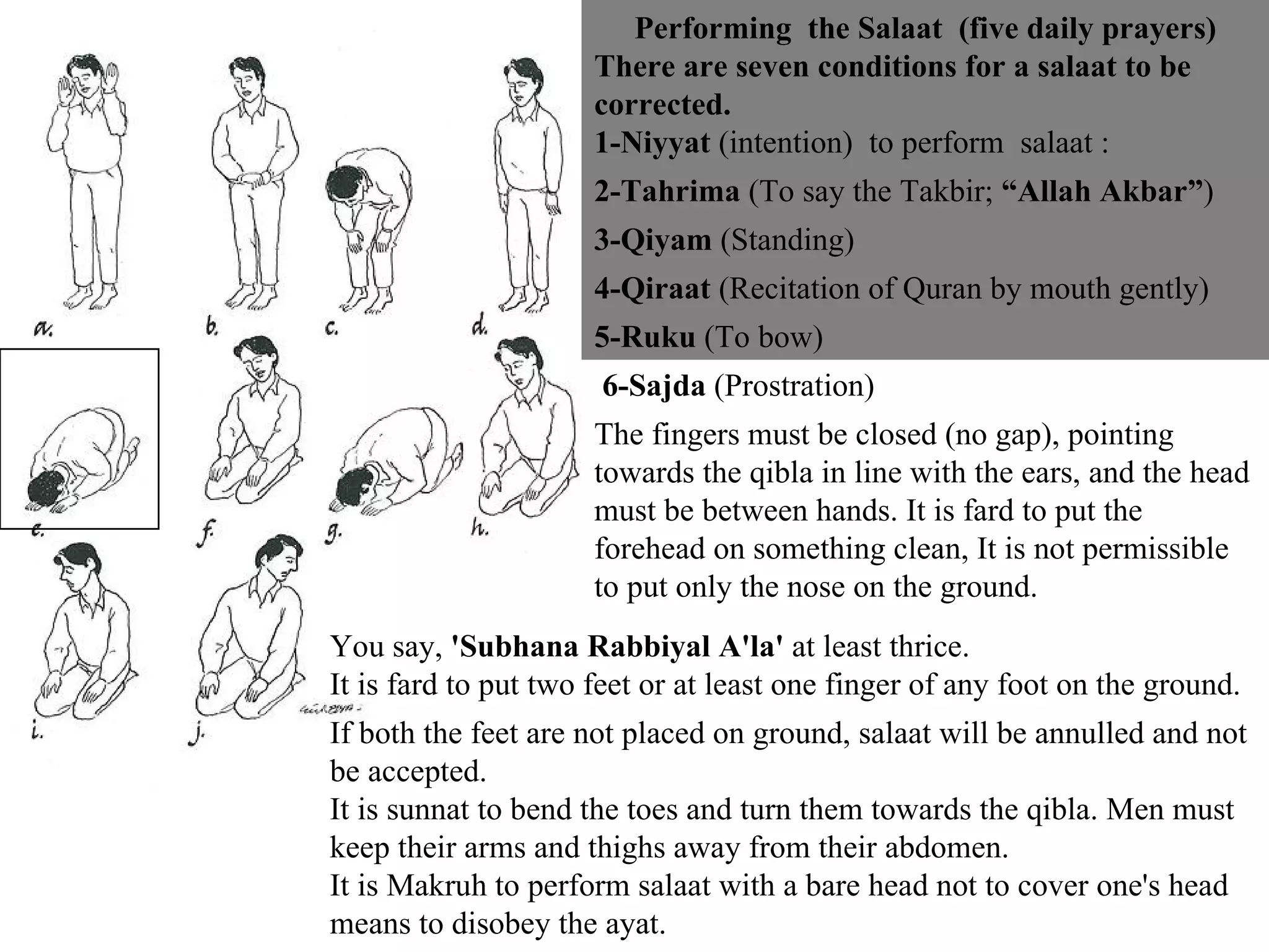 Performing  the Salaat  (five daily prayers) There are seven conditions for a salaat to be corrected.  1-Niyyat  (intention)  to perform  salaat :  2-Tahrima  (To say the Takbir;  “Allah Akbar” ) 3-Qiyam  (Standing) 4-Qiraat  (Recitation of Quran by mouth gently)  5-Ruku  (To bow) 6-Sajda  (Prostration)  The fingers must be closed (no gap), pointing towards the qibla in line with the ears, and the head must be between hands. It is fard to put the forehead on something clean, It is not permissible to put only the nose on the ground.  You say,  'Subhana Rabbiyal A'la'  at least thrice.  It is fard to put two feet or at least one finger of any foot on the ground.  If both the feet are not placed on ground, salaat will be annulled and not be accepted.  It is sunnat to bend the toes and turn them towards the qibla. Men must keep their arms and thighs away from their abdomen. It is Makruh to perform salaat with a bare head not to cover one's head means to disobey the ayat. 