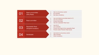 Serializable
04
● Use locks for concurrency control
● High overhead
● Good consistency
Repeatable Read
(Snapshot Isolation)03
● Use MVCC
● Low overhead
● Prevent Dirty Read & Non-repeatable Read
● Prevent certain Phantom Read issues
Read committed
02
● Use committed/uncommitted state for CC
● Very low overhead
● Prevent Dirty Read
● Has Non-repeatable Read issue
Read uncommitted
(Dirty Read)01
● Has no concurrency control
● No overhead
● Bad data consistency
 