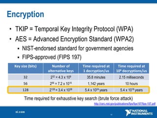 16
Encryption
• TKIP = Temporal Key Integrity Protocol (WPA)
• AES = Advanced Encryption Standard (WPA2)
 NIST-endorsed standard for government agencies
 FIPS-approved (FIPS 197)
Key size (bits) Number of
alternative keys
Time required at
1 decryption/us
Time required at
106 decryptions/us
32 232 = 4.3 x 109 35.8 minutes 2.15 milliseconds
56 256 = 7.2 x 1016 1,142 years 10 hours
128 2128 = 3.4 x 1038 5.4 x 1024 years 5.4 x 1018 years
Time required for exhaustive key search (brute force attack)
http://csrc.nist.gov/publications/fips/fips197/fips-197.pdf
 