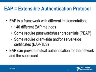 21
EAP = Extensible Authentication Protocol
• EAP is a framework with different implementations
• ~40 different EAP methods
• Some require passwords/user credentials (PEAP)
• Some require client-side and/or server-side
certificates (EAP-TLS)
• EAP can provide mutual authentication for the network
and the supplicant
 