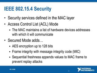 23
IEEE 802.15.4 Security
• Security services defined in the MAC layer
• Access Control List (ACL) Mode
 The MAC maintains a list of hardware devices addresses
with which it will communicate
• Secured Mode adds…
 AES encryption up to 128 bits
 Frame integrity with message integrity code (MIC)
 Sequential freshness appends values to MAC frame to
prevent replay attacks
 