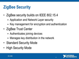 25
ZigBee Security
• ZigBee security builds on IEEE 802.15.4
 Application and Network Layer security
 Key management for encryption and authentication
• ZigBee Trust Center
 Authenticates joining devices
 Manages key distribution in the network
• Standard Security Mode
• High Security Mode
 