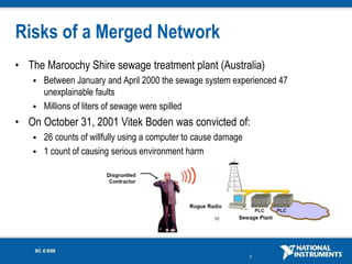 5
Risks of a Merged Network
• The Maroochy Shire sewage treatment plant (Australia)
 Between January and April 2000 the sewage system experienced 47
unexplainable faults
 Millions of liters of sewage were spilled
• On October 31, 2001 Vitek Boden was convicted of:
 26 counts of willfully using a computer to cause damage
 1 count of causing serious environment harm
 