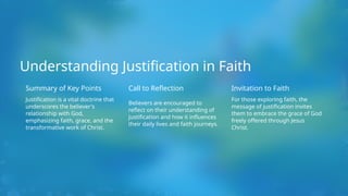 Understanding Justification in Faith
Summary of Key Points
Justification is a vital doctrine that
underscores the believer's
relationship with God,
emphasizing faith, grace, and the
transformative work of Christ.
Call to Reflection
Believers are encouraged to
reflect on their understanding of
justification and how it influences
their daily lives and faith journeys.
Invitation to Faith
For those exploring faith, the
message of justification invites
them to embrace the grace of God
freely offered through Jesus
Christ.
 