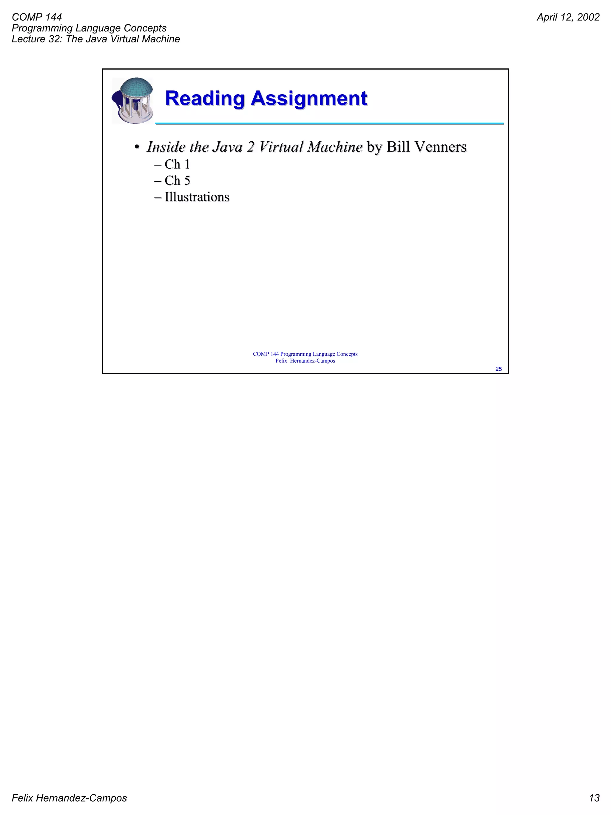 COMP 144
Programming Language Concepts
Lecture 32: The Java Virtual Machine
April 12, 2002
Felix Hernandez-Campos 13
COMP 144 Programming Language Concepts
Felix Hernandez-Campos
2525
Reading AssignmentReading Assignment
•• Inside the Java 2 Virtual MachineInside the Java 2 Virtual Machine by Billby Bill VennersVenners
–– Ch 1Ch 1
–– Ch 5Ch 5
–– IllustrationsIllustrations
 