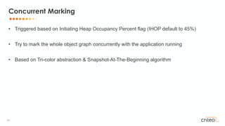 15 •
• Triggered based on Initiating Heap Occupancy Percent flag (IHOP default to 45%)
• Try to mark the whole object graph concurrently with the application running
• Based on Tri-color abstraction & Snapshot-At-The-Beginning algorithm
Concurrent Marking
 