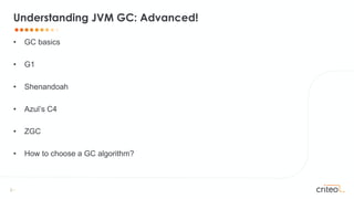 2 •
• GC basics
• G1
• Shenandoah
• Azul’s C4
• ZGC
• How to choose a GC algorithm?
Understanding JVM GC: Advanced!
 